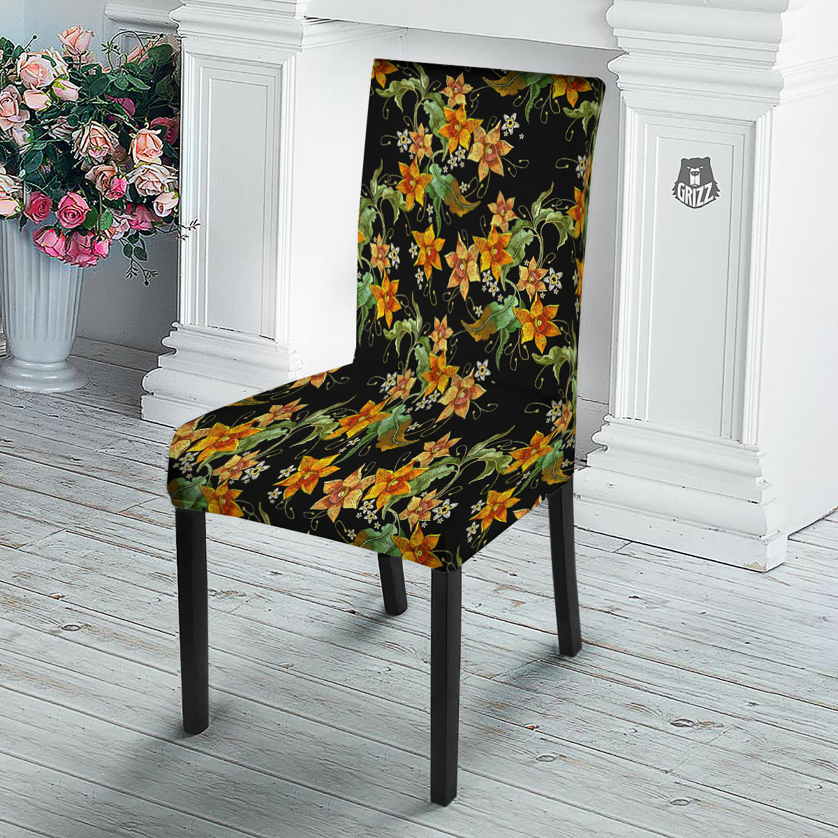 Flower Daffodil Vintage Print Pattern Dining Chair Slipcover-grizzshop