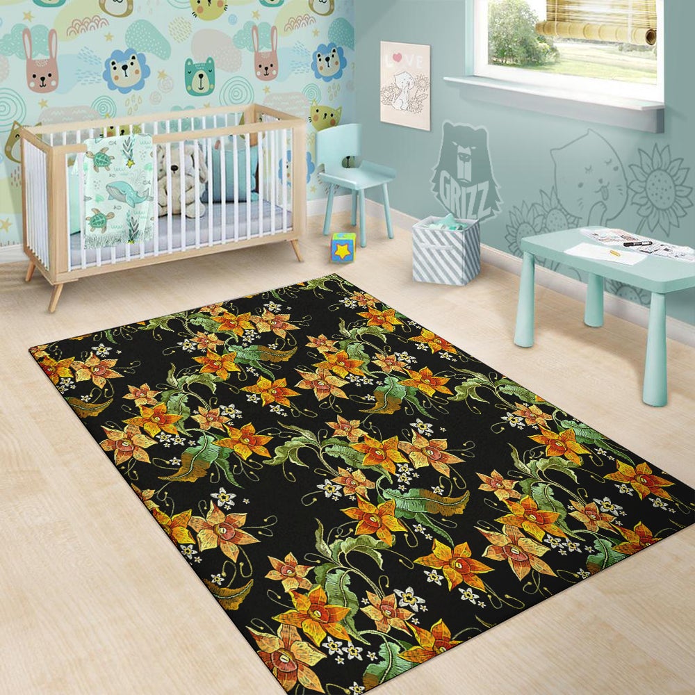 Flower Daffodil Vintage Print Pattern Floor Mat-grizzshop
