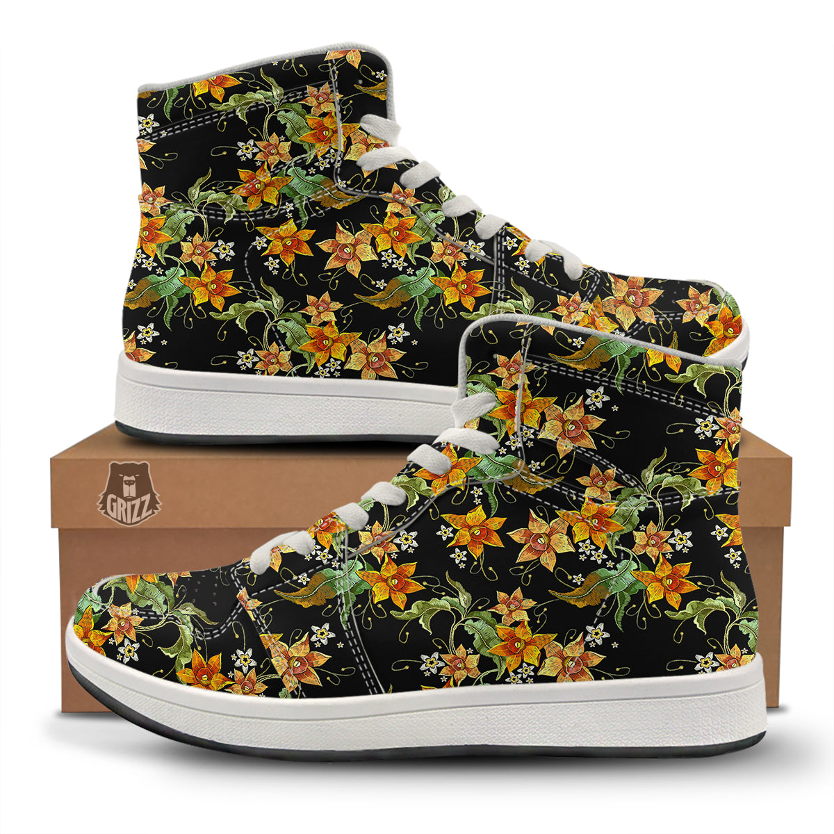 Flower Daffodil Vintage Print Pattern High Top Sneakers-grizzshop