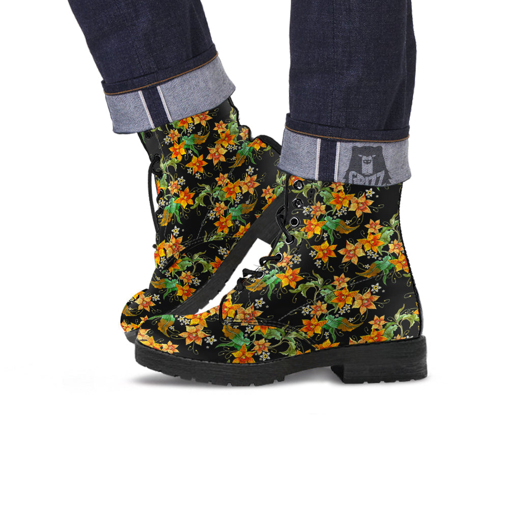Flower Daffodil Vintage Print Pattern Leather Boots-grizzshop