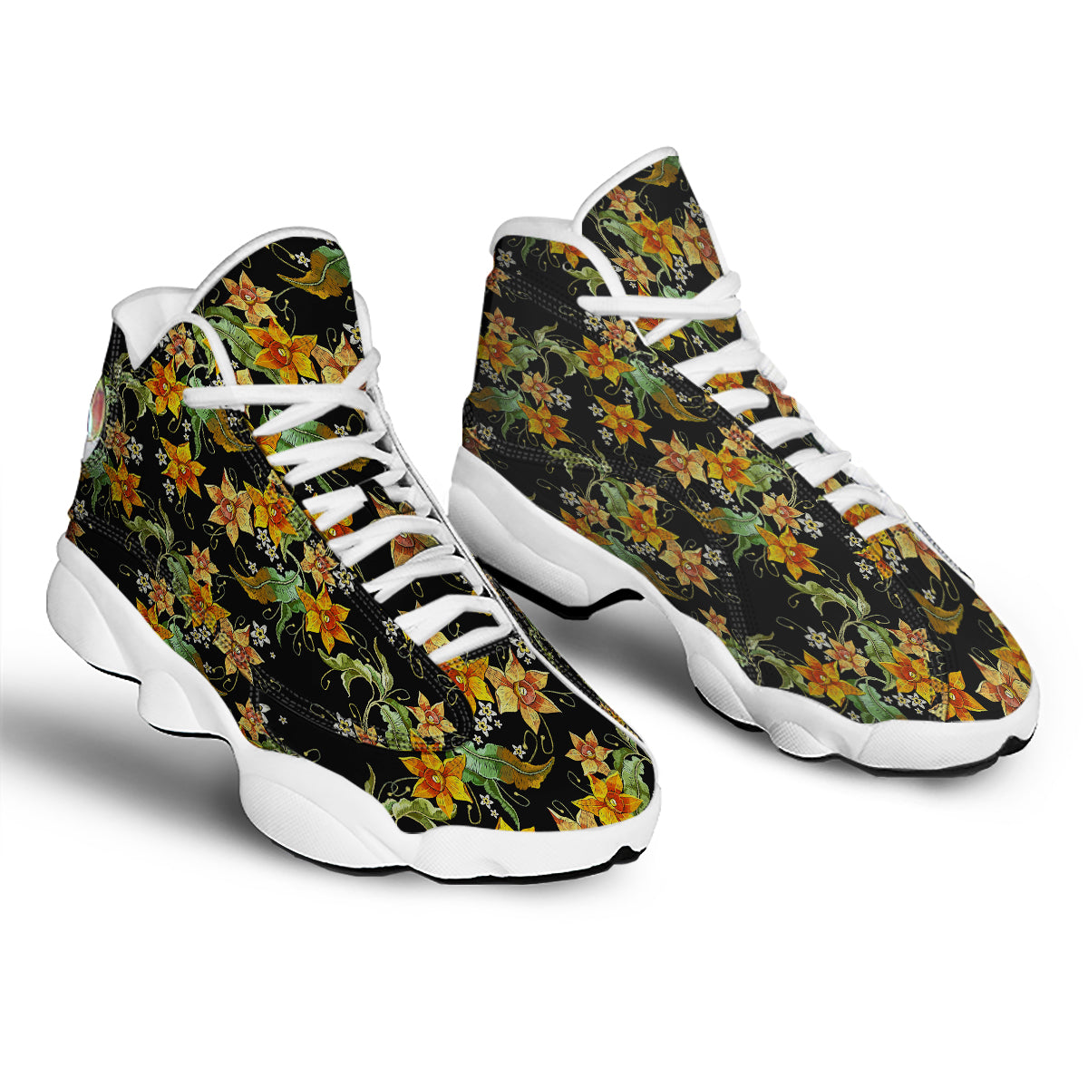 Flower Daffodil Vintage Print Pattern White Basketball Shoes-grizzshop