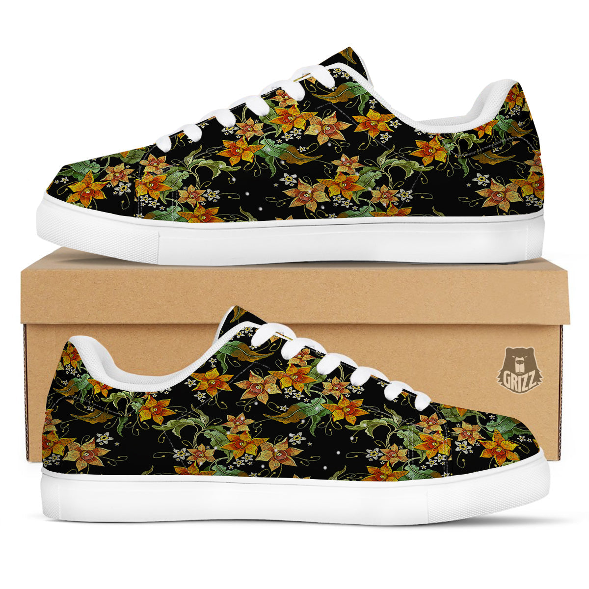 Flower Daffodil Vintage Print Pattern White Low Top Sneakers-grizzshop
