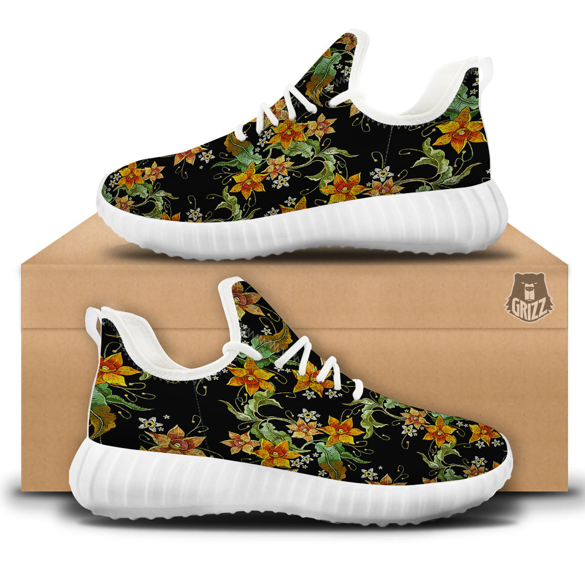 Flower Daffodil Vintage Print Pattern White Walking Shoes-grizzshop