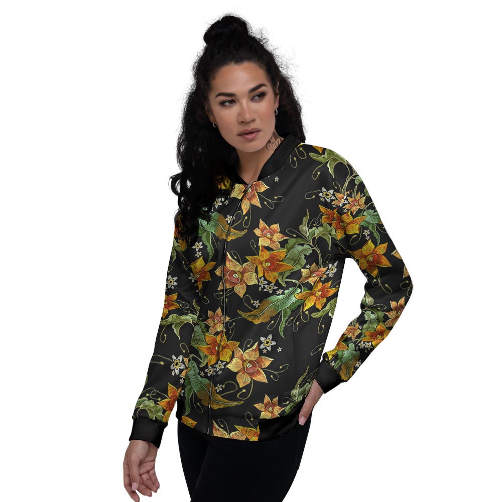 Flower Daffodil Vintage Print Pattern Women's Bomber Jacket-grizzshop