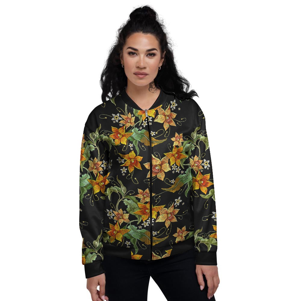 Flower Daffodil Vintage Print Pattern Women's Bomber Jacket-grizzshop