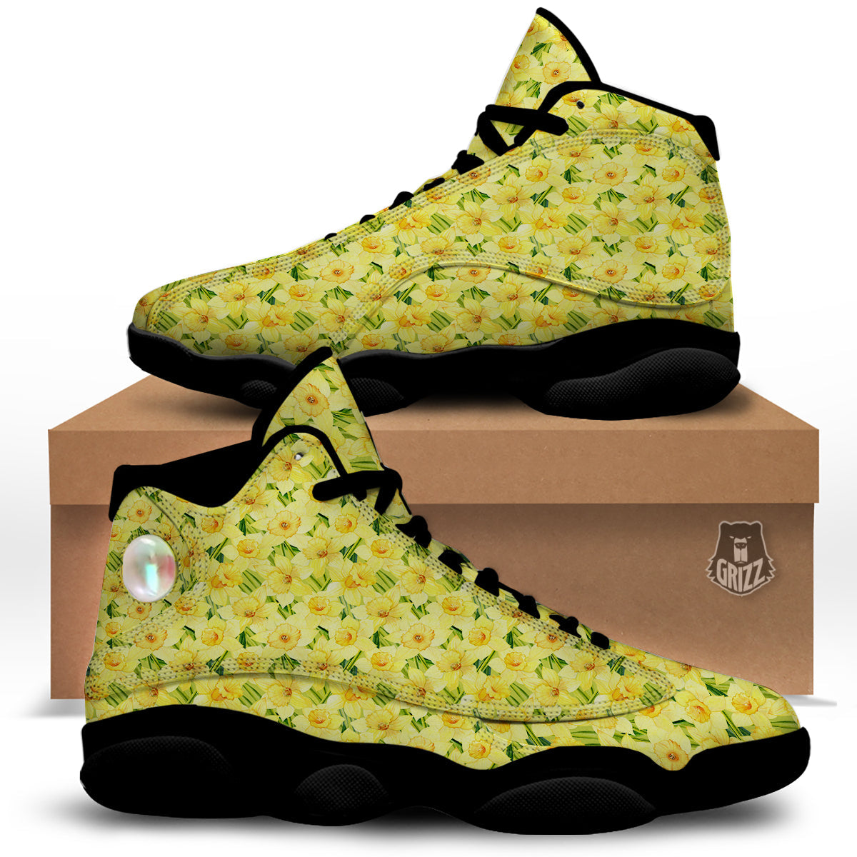 Flower Daffodil Watercolor Print Pattern Black Basketball Shoes-grizzshop