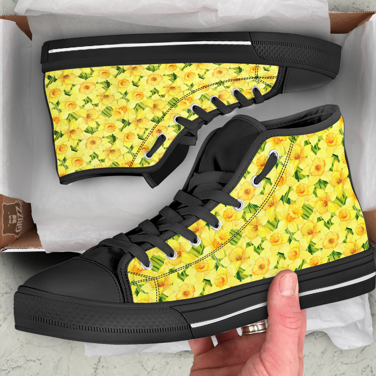 Flower Daffodil Watercolor Print Pattern Black High Top Shoes-grizzshop