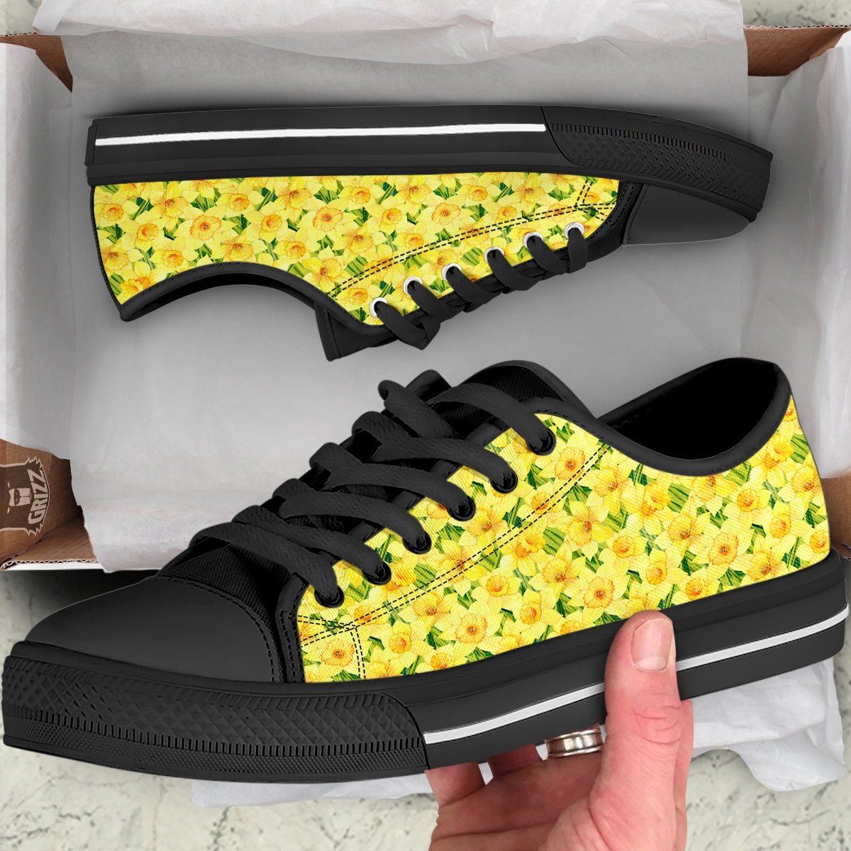 Flower Daffodil Watercolor Print Pattern Black Low Top Shoes-grizzshop