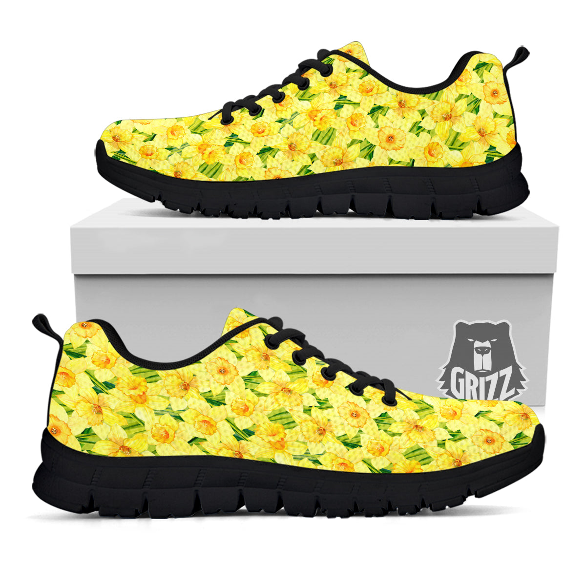 Flower Daffodil Watercolor Print Pattern Black Sneaker-grizzshop