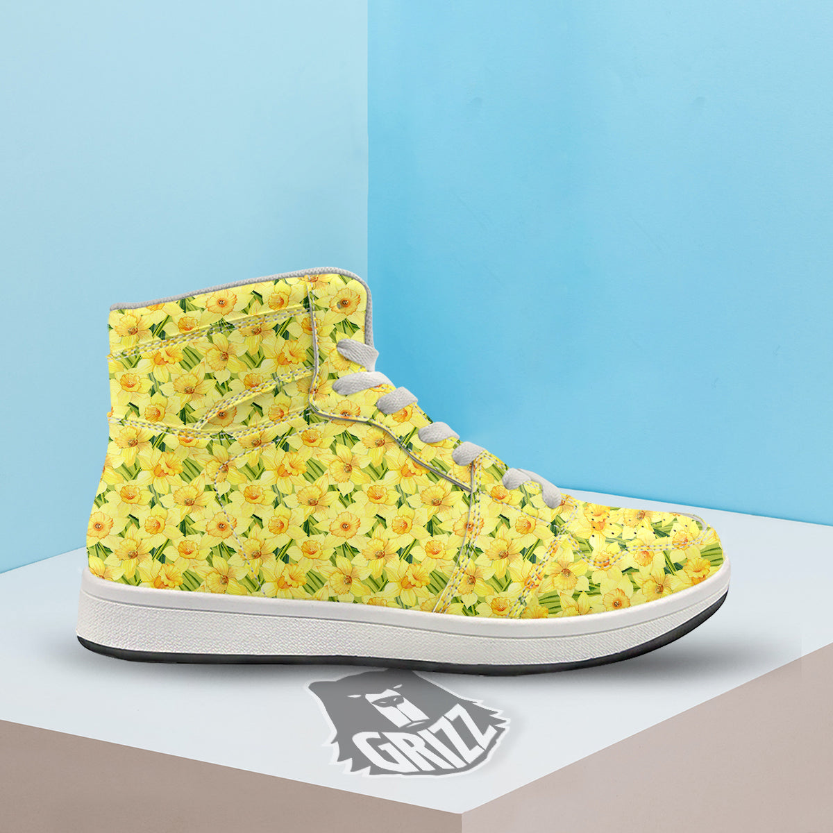 Flower Daffodil Watercolor Print Pattern High Top Sneakers-grizzshop