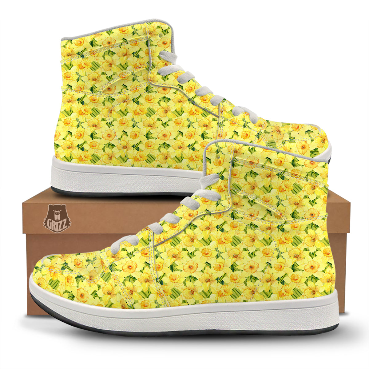 Flower Daffodil Watercolor Print Pattern High Top Sneakers-grizzshop