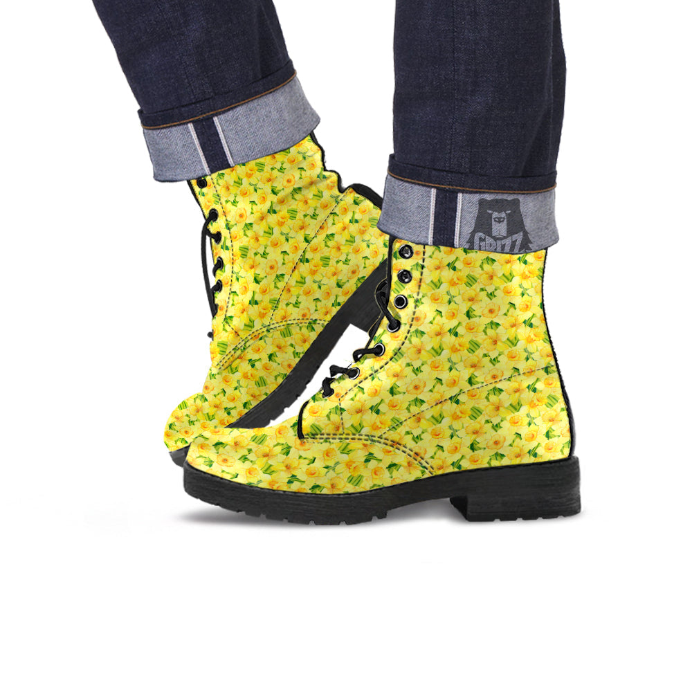 Flower Daffodil Watercolor Print Pattern Leather Boots-grizzshop