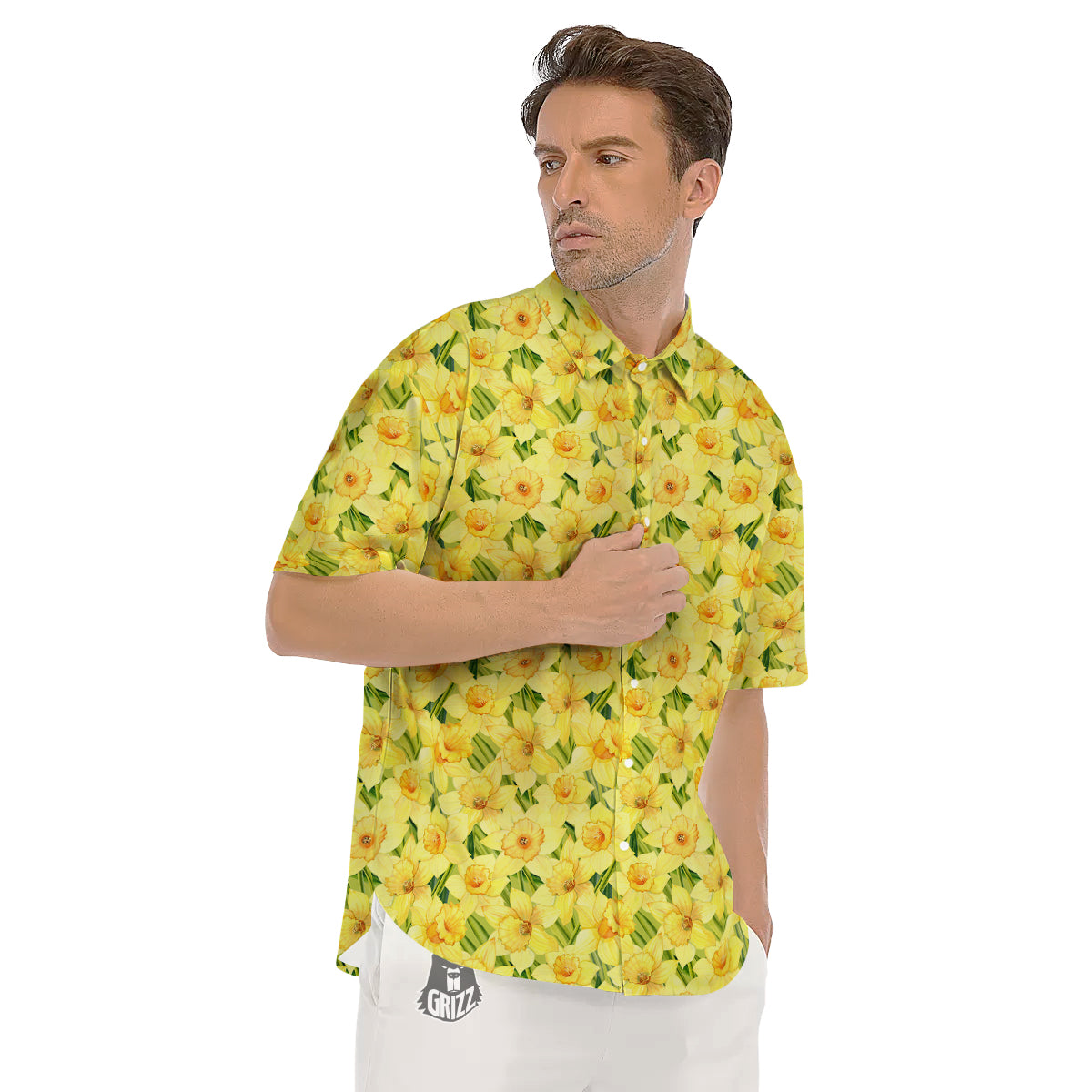 Flower Daffodil Watercolor Print Pattern Men's Short Sleeve Shirts-grizzshop