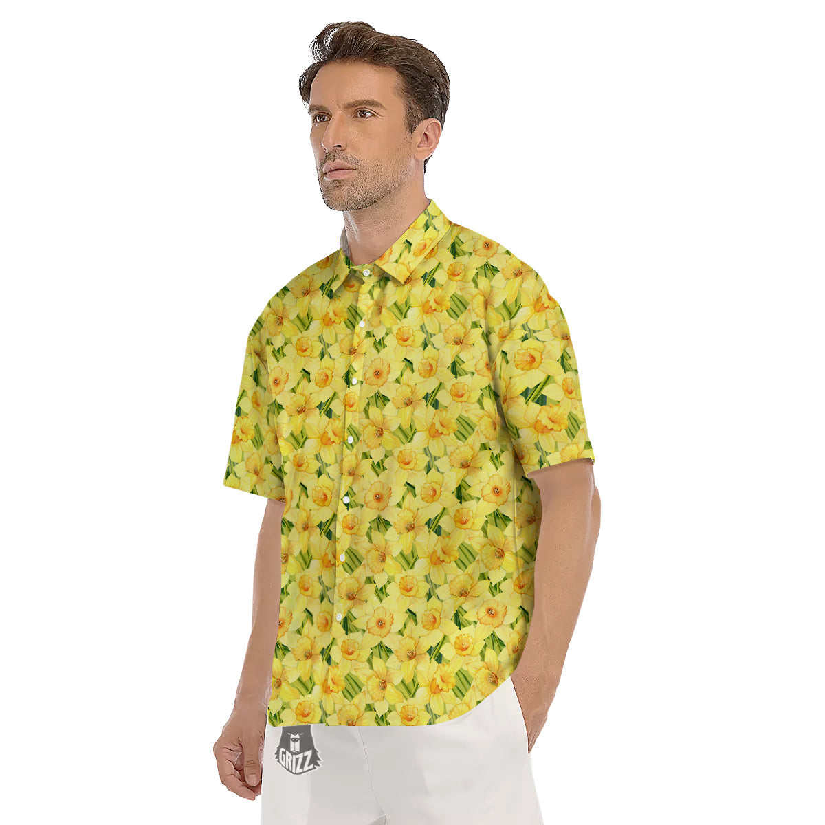 Flower Daffodil Watercolor Print Pattern Men's Short Sleeve Shirts-grizzshop