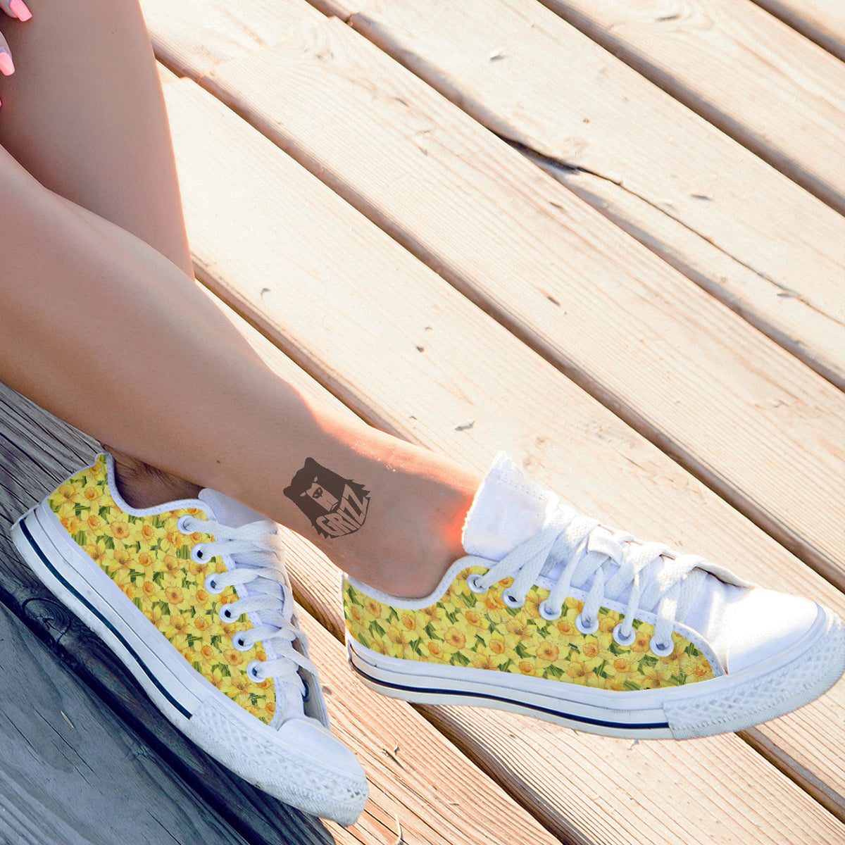 Flower Daffodil Watercolor Print Pattern White Low Top Shoes-grizzshop