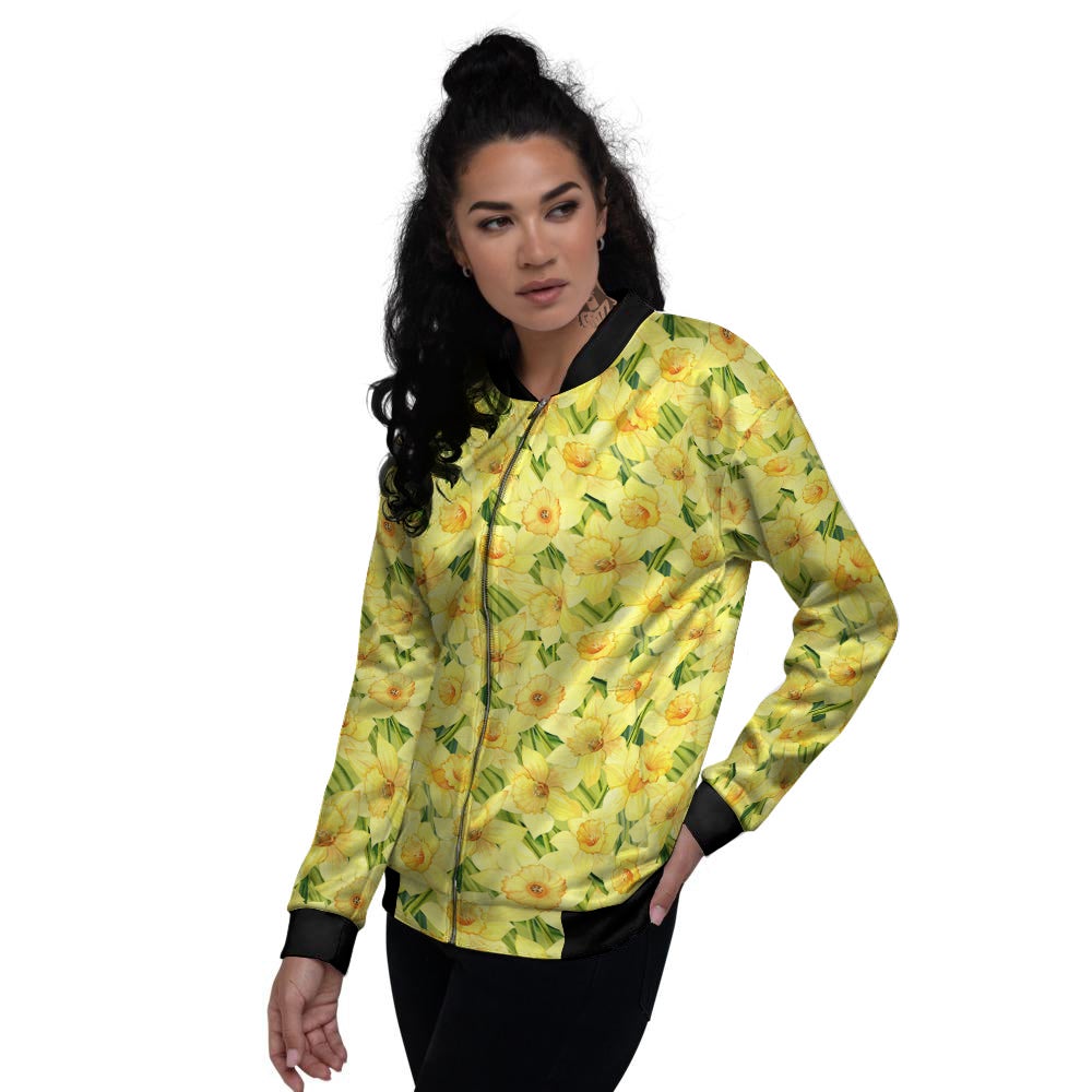 Flower Daffodil Watercolor Print Pattern Women's Bomber Jacket-grizzshop