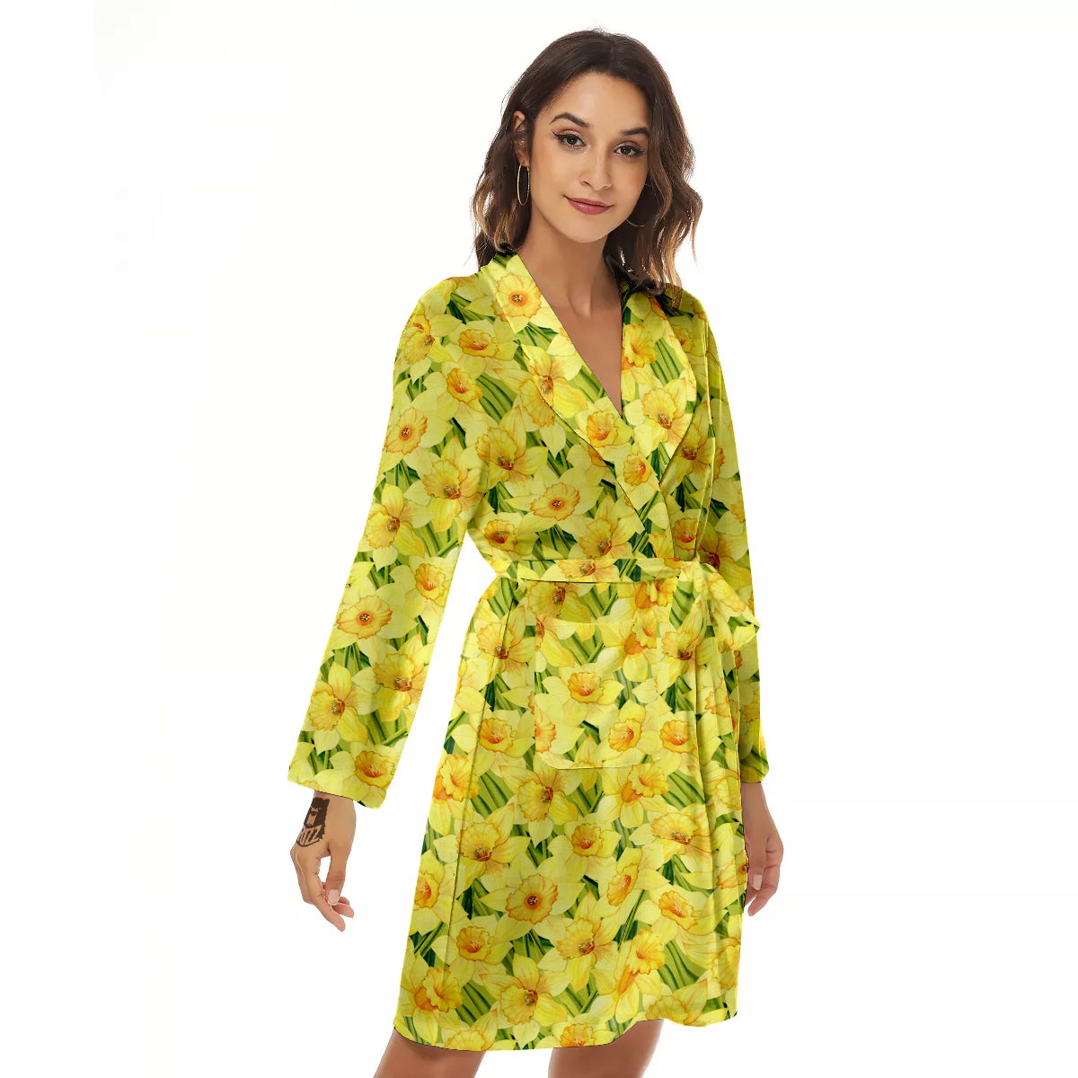 Flower Daffodil Watercolor Print Pattern Women's Robe-grizzshop
