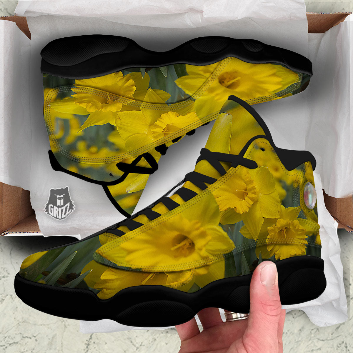 Flower Daffodil Yellow Print Black Basketball Shoes-grizzshop