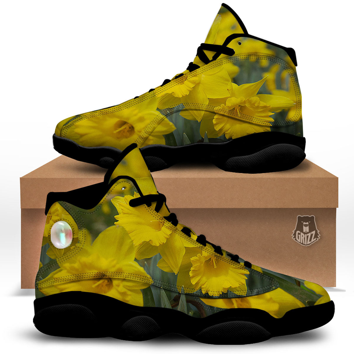 Flower Daffodil Yellow Print Black Basketball Shoes-grizzshop