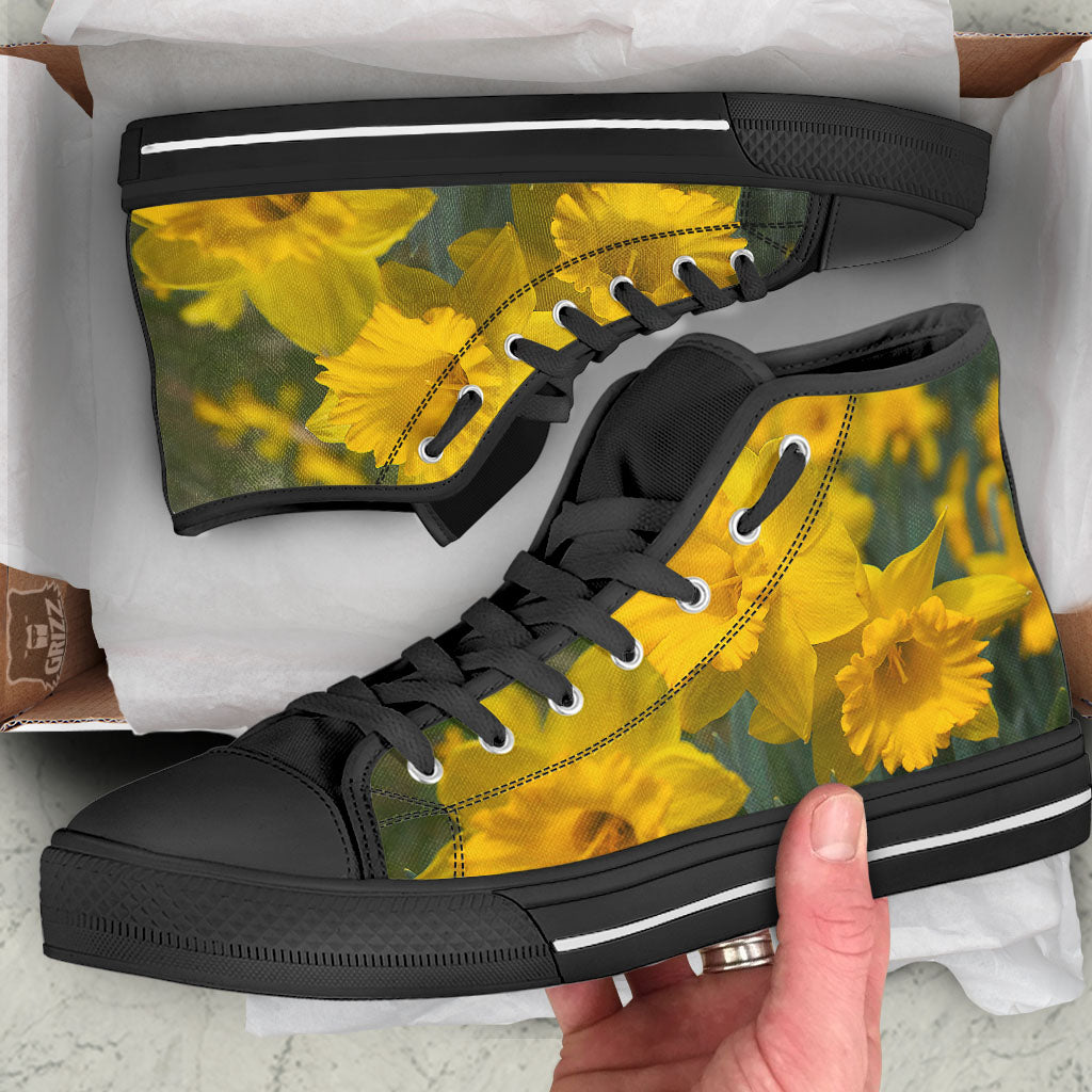 Flower Daffodil Yellow Print Black High Top Shoes-grizzshop