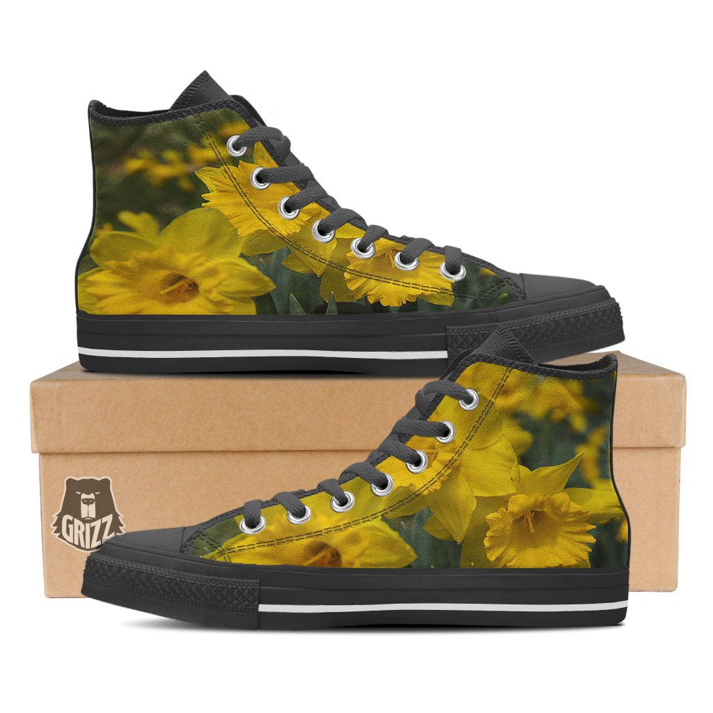 Flower Daffodil Yellow Print Black High Top Shoes-grizzshop