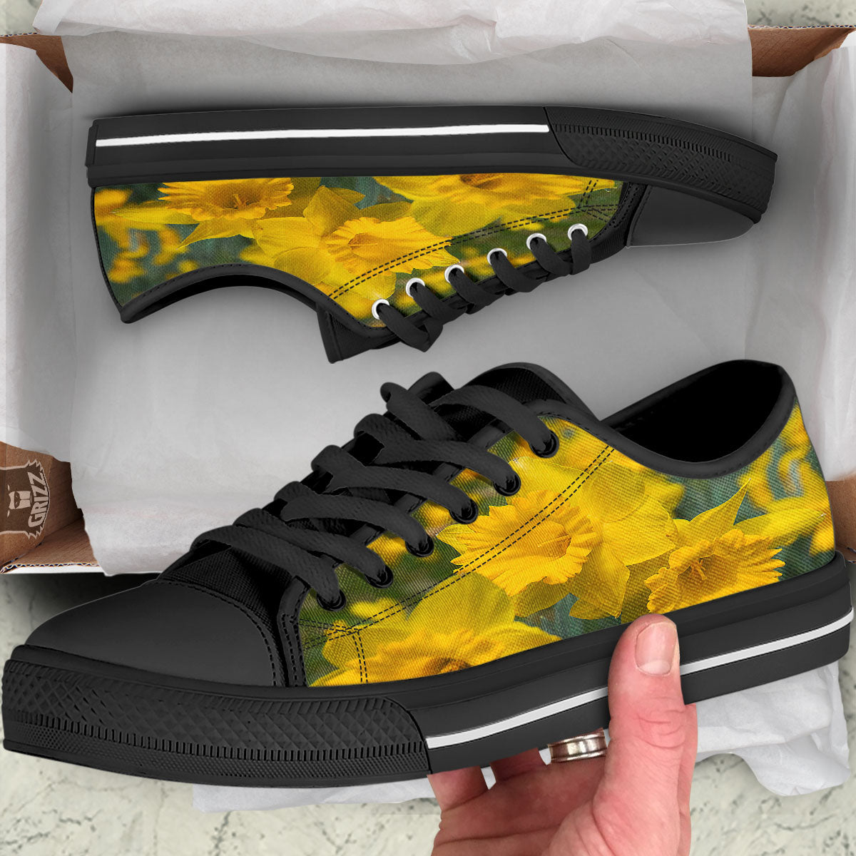 Flower Daffodil Yellow Print Black Low Top Shoes-grizzshop