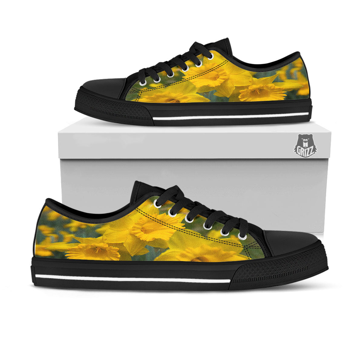 Flower Daffodil Yellow Print Black Low Top Shoes-grizzshop
