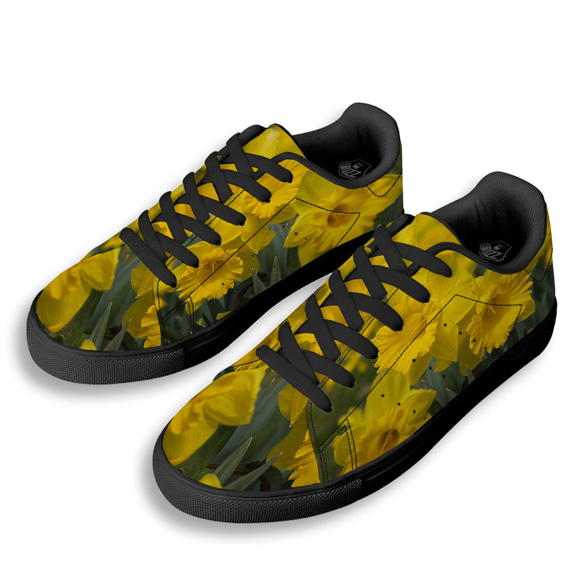 Flower Daffodil Yellow Print Black Low Top Sneakers-grizzshop