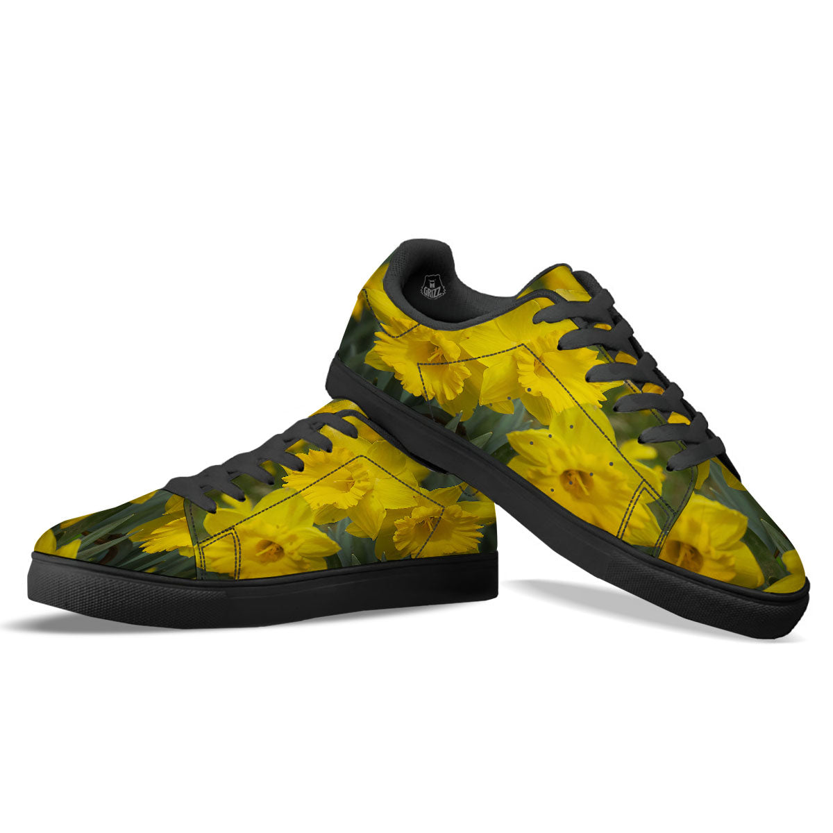 Flower Daffodil Yellow Print Black Low Top Sneakers-grizzshop