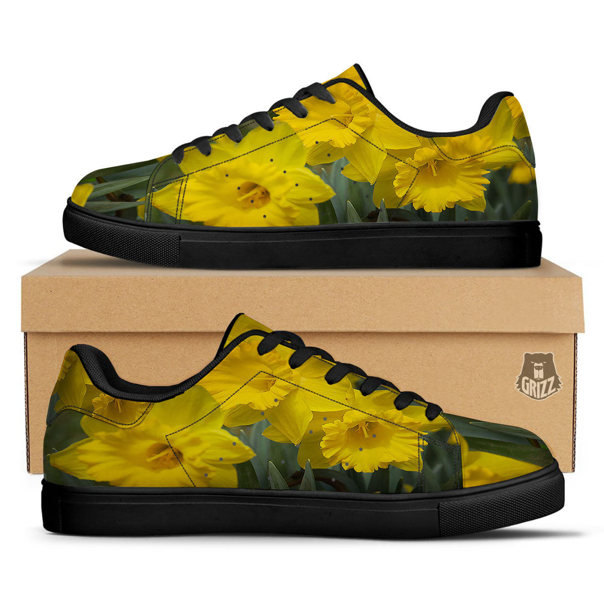 Flower Daffodil Yellow Print Black Low Top Sneakers-grizzshop