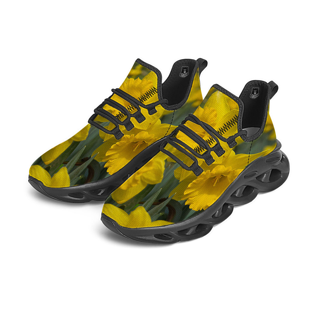 Flower Daffodil Yellow Print Black Running Shoes-grizzshop