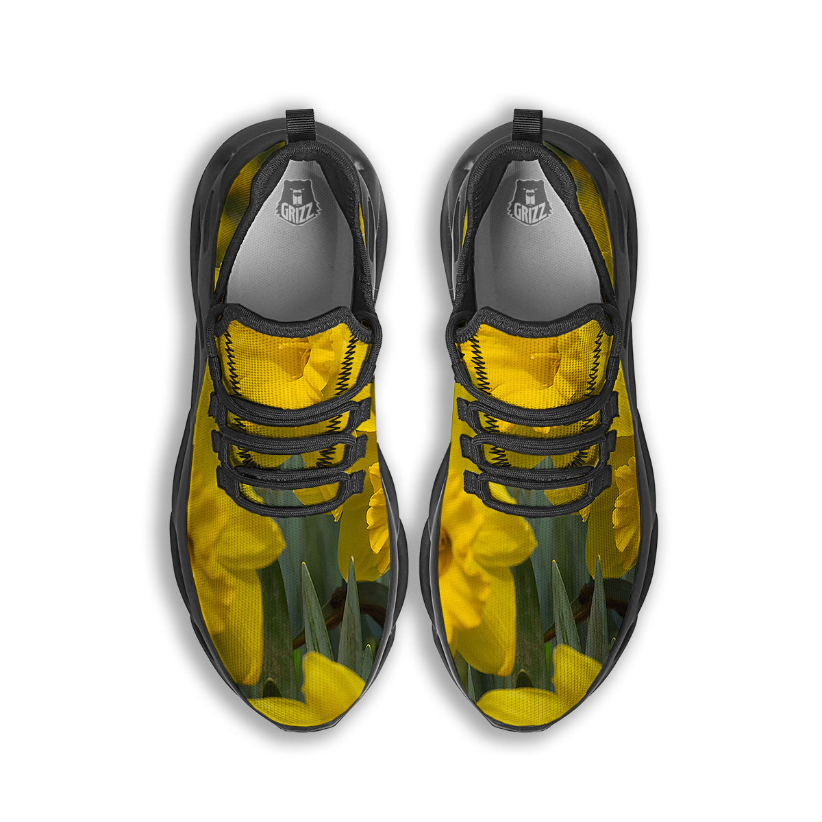 Flower Daffodil Yellow Print Black Running Shoes-grizzshop