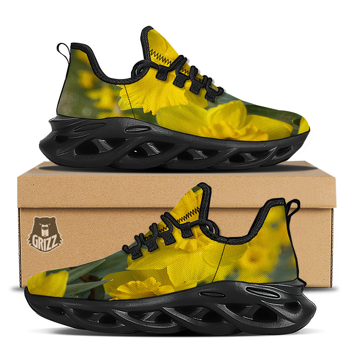 Flower Daffodil Yellow Print Black Running Shoes-grizzshop