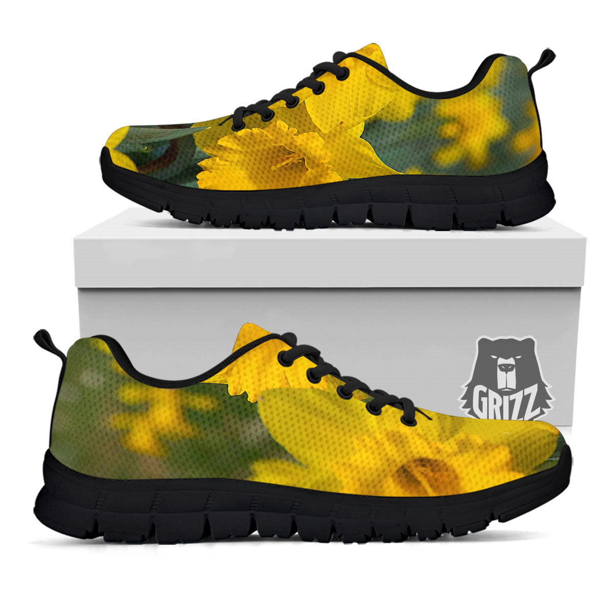 Flower Daffodil Yellow Print Black Sneaker-grizzshop