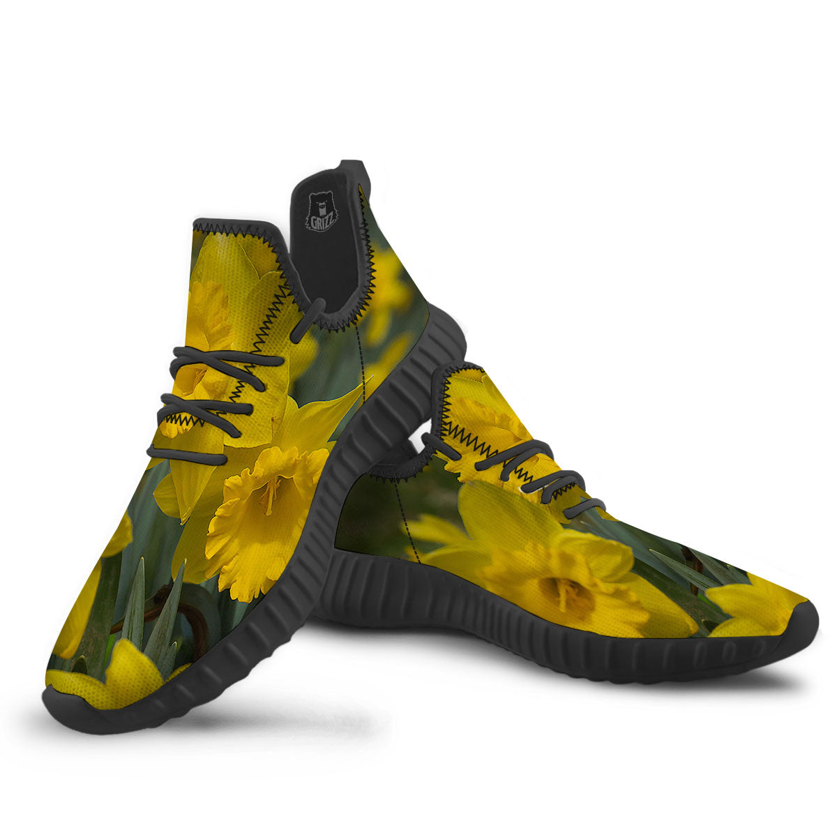 Flower Daffodil Yellow Print Black Walking Shoes-grizzshop