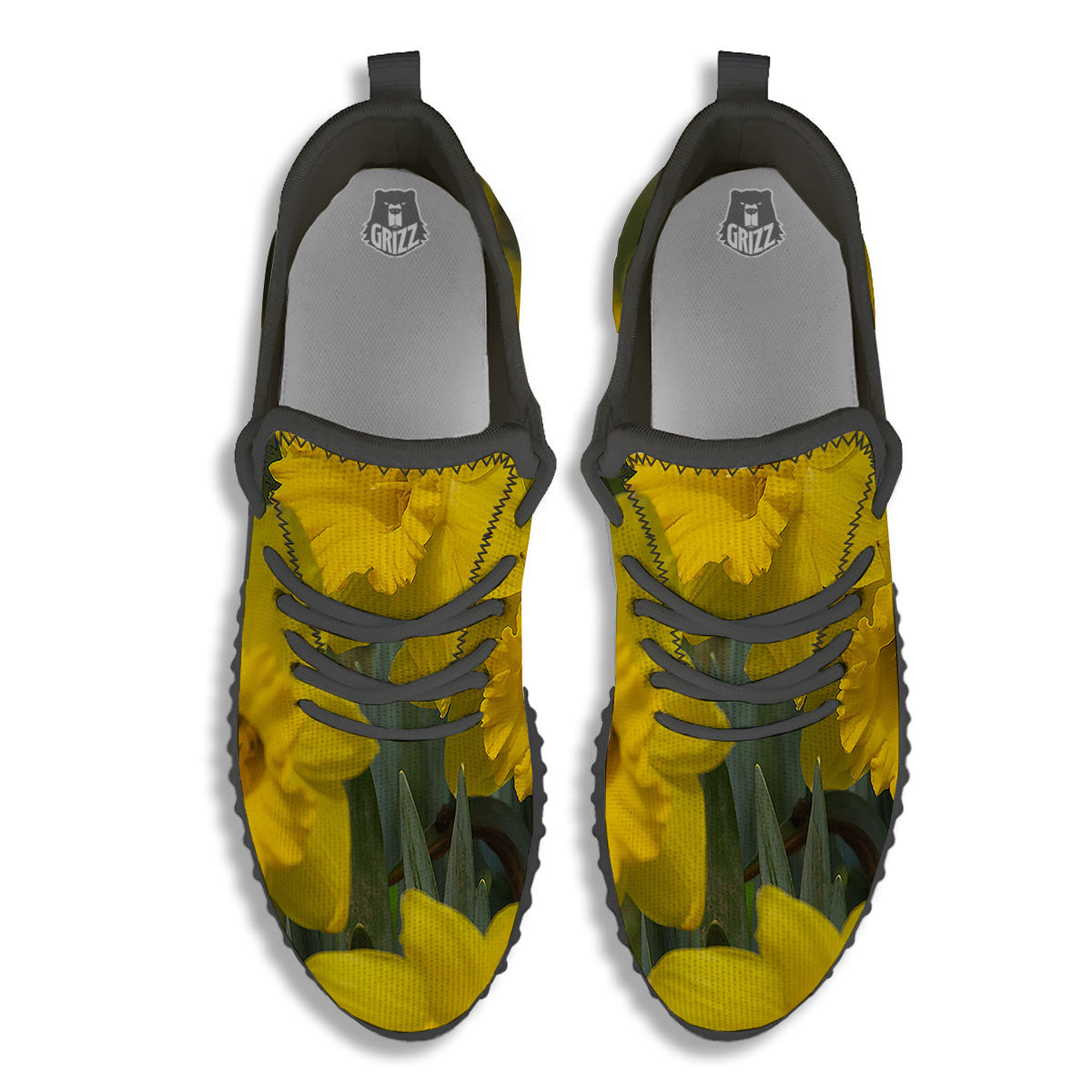 Flower Daffodil Yellow Print Black Walking Shoes-grizzshop