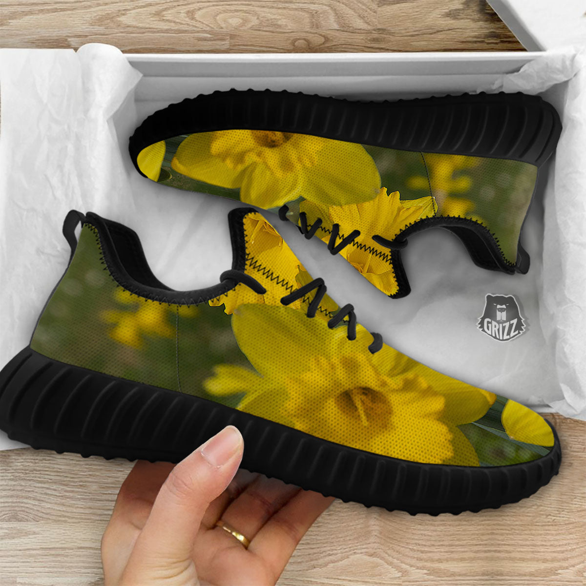 Flower Daffodil Yellow Print Black Walking Shoes-grizzshop