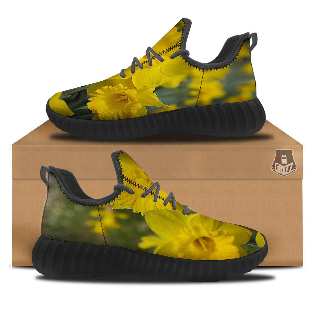 Flower Daffodil Yellow Print Black Walking Shoes-grizzshop