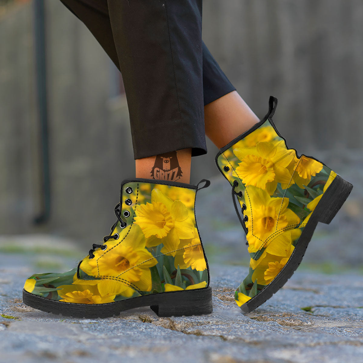 Flower Daffodil Yellow Print Leather Boots-grizzshop