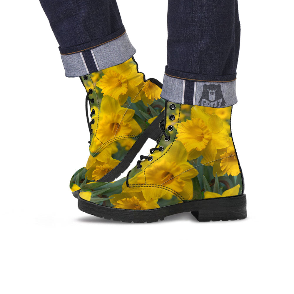 Flower Daffodil Yellow Print Leather Boots-grizzshop