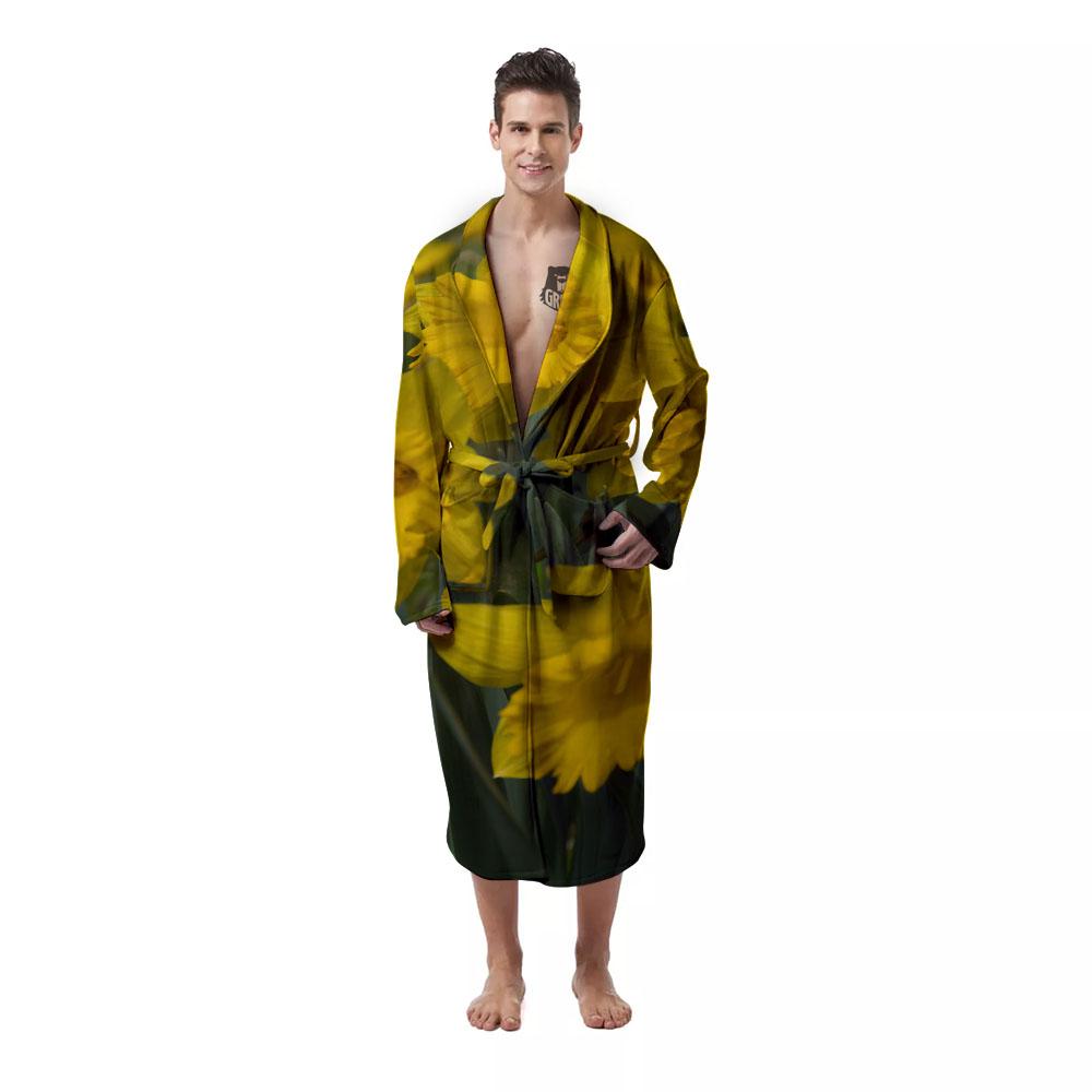Flower Daffodil Yellow Print Men's Robe-grizzshop