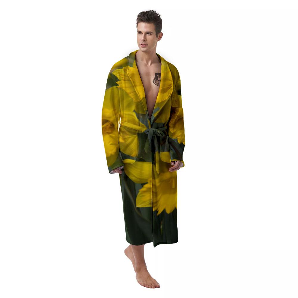 Flower Daffodil Yellow Print Men's Robe-grizzshop
