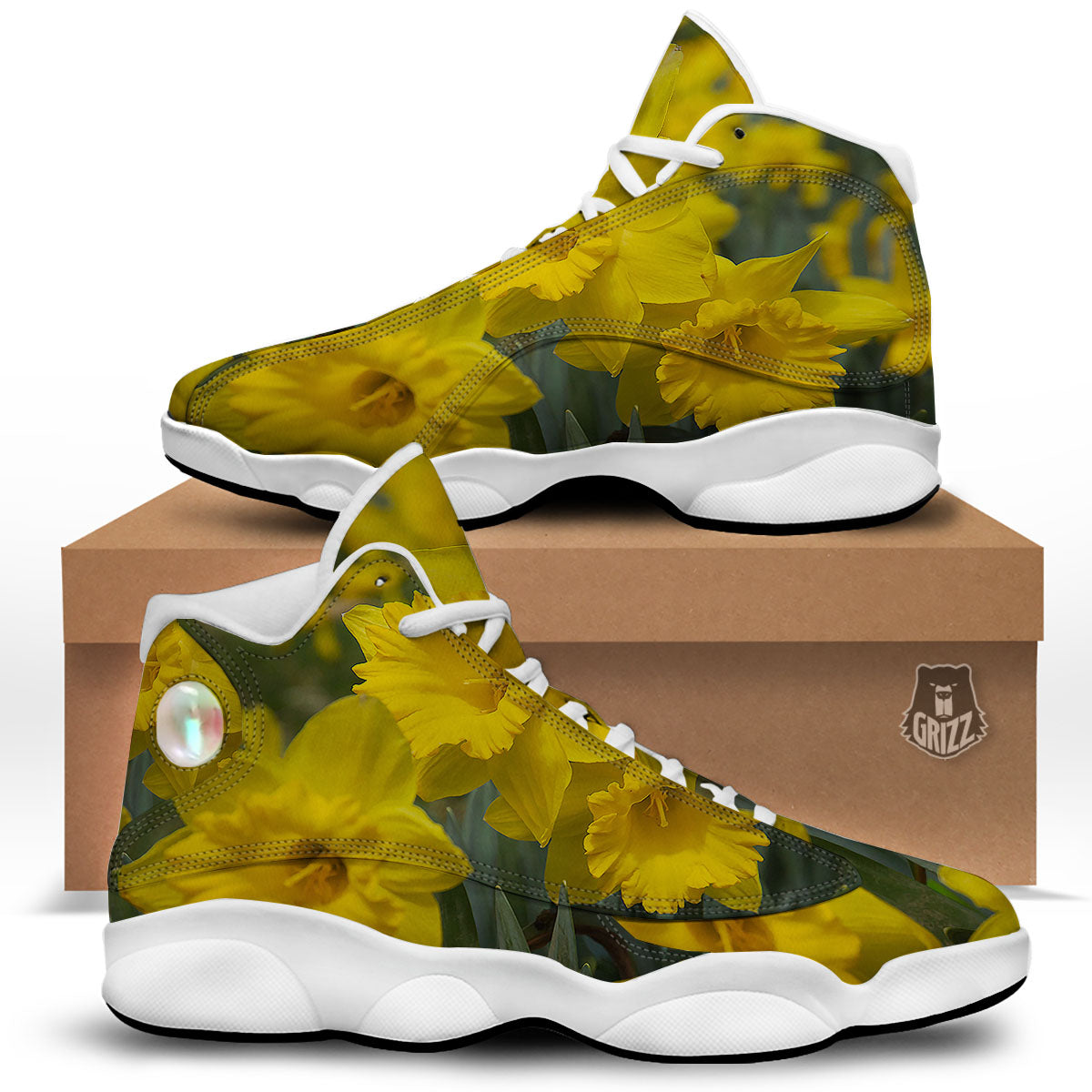 Flower Daffodil Yellow Print White Basketball Shoes-grizzshop