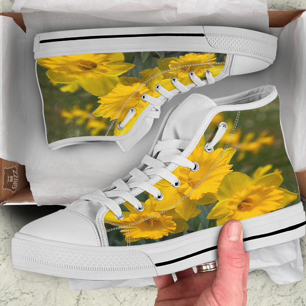 Flower Daffodil Yellow Print White High Top Shoes-grizzshop