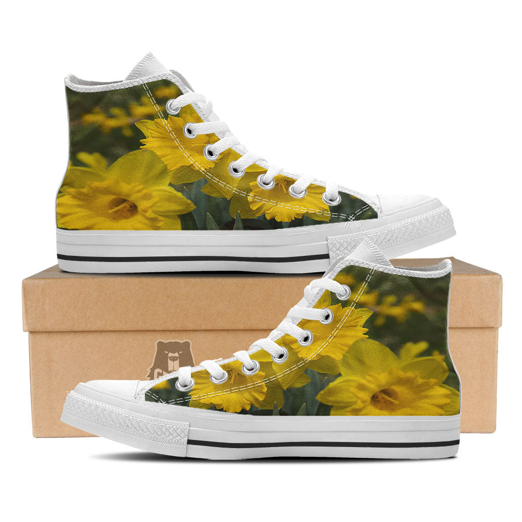 Flower Daffodil Yellow Print White High Top Shoes-grizzshop
