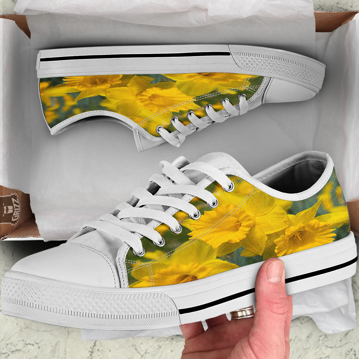 Flower Daffodil Yellow Print White Low Top Shoes-grizzshop