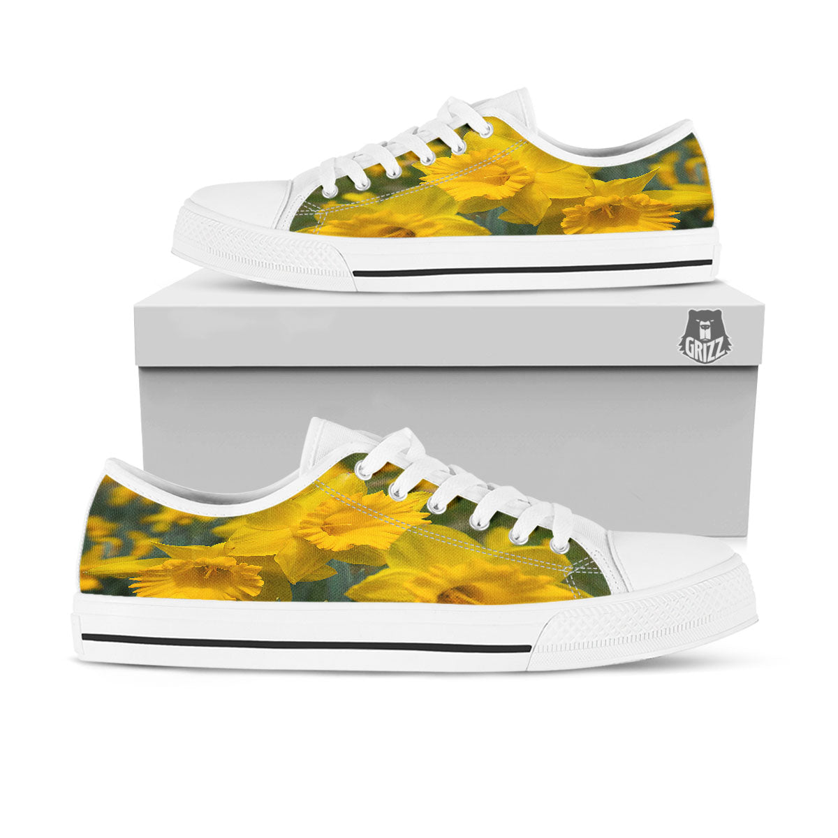 Flower Daffodil Yellow Print White Low Top Shoes-grizzshop