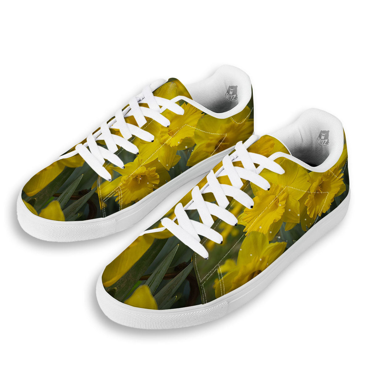 Flower Daffodil Yellow Print White Low Top Sneakers-grizzshop