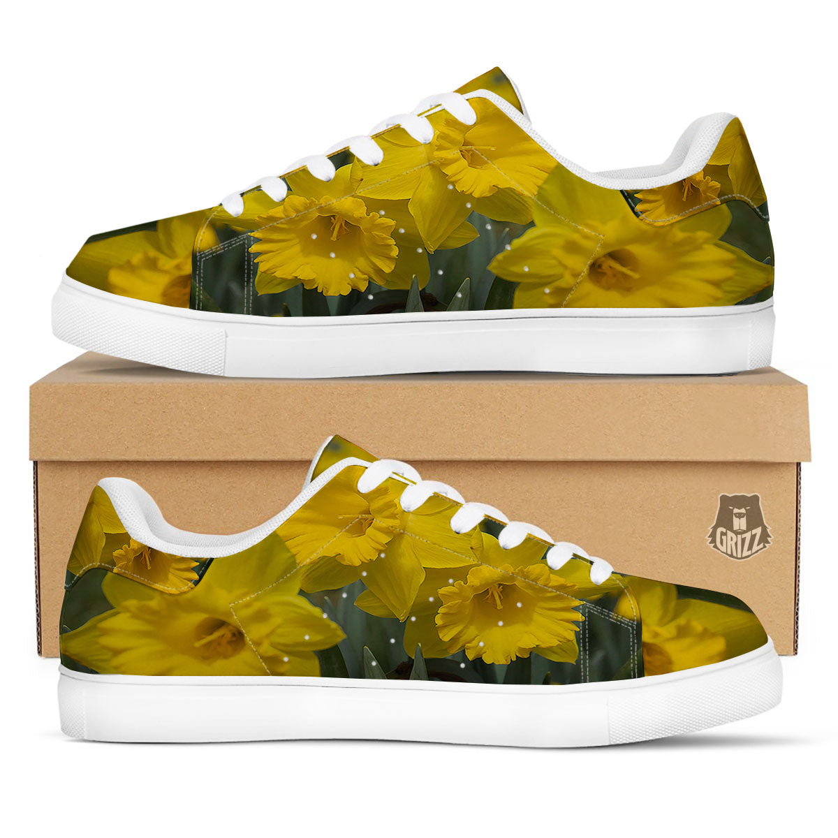 Flower Daffodil Yellow Print White Low Top Sneakers-grizzshop