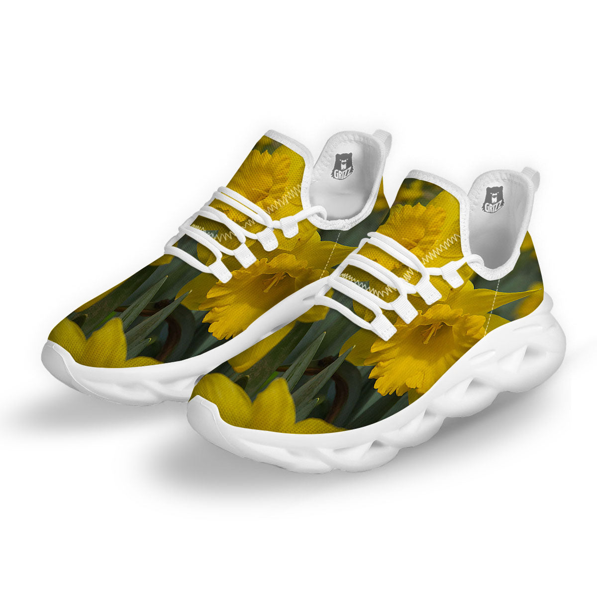 Flower Daffodil Yellow Print White Running Shoes-grizzshop